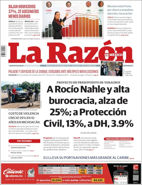Portada de La Razon del miércoles, 12 de noviembre de 2025