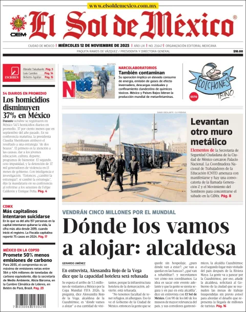 Portada de El Sol de Mexico del miércoles, 12 de noviembre de 2025