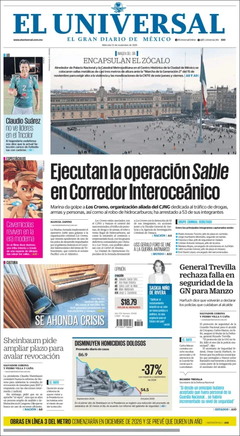 Portada de El Universal del miércoles, 12 de noviembre de 2025