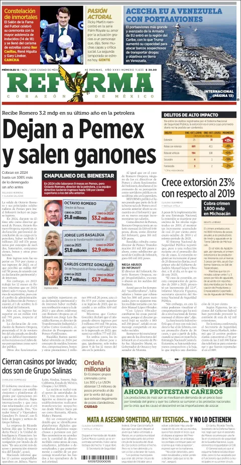 Portada de Reforma del miércoles, 12 de noviembre de 2025