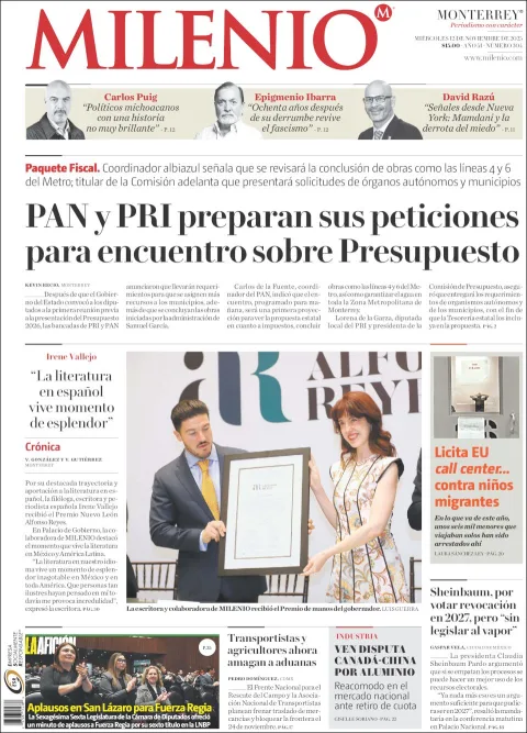 Portada de Milenio del miércoles, 12 de noviembre de 2025