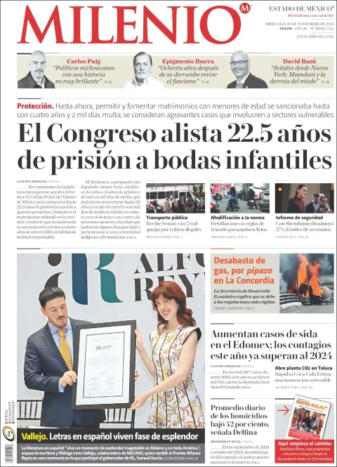 Portada de Milenio Edo de Mexico del miércoles, 12 de noviembre de 2025