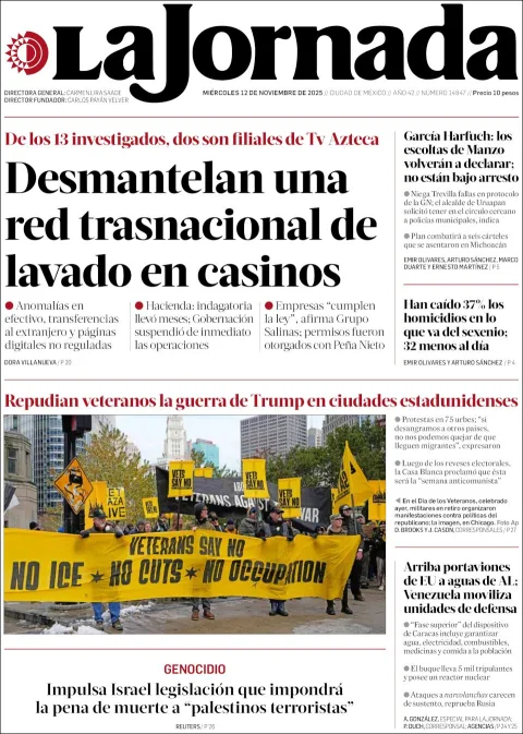 Portada de La Jornada del miércoles, 12 de noviembre de 2025