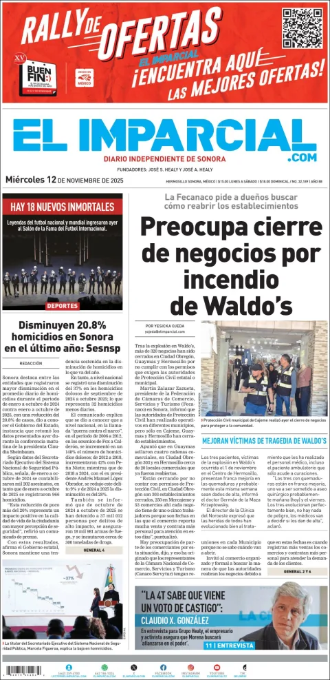 Portada de El Imparcial del miércoles, 12 de noviembre de 2025
