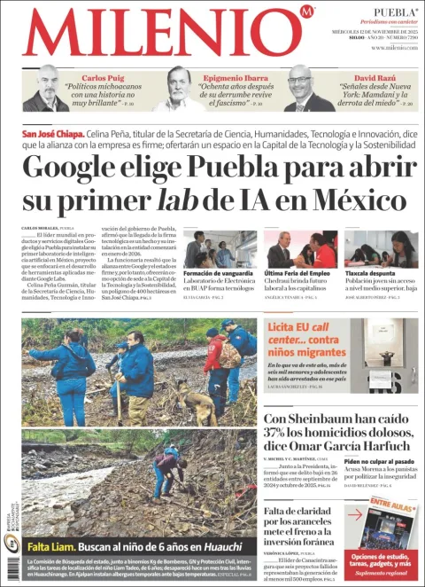 Portada de Milenio Puebla del miércoles, 12 de noviembre de 2025