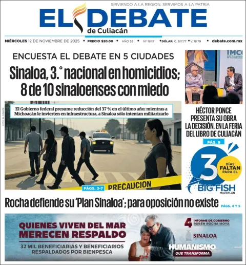 Portada de El Debate de Culiacan del miércoles, 12 de noviembre de 2025