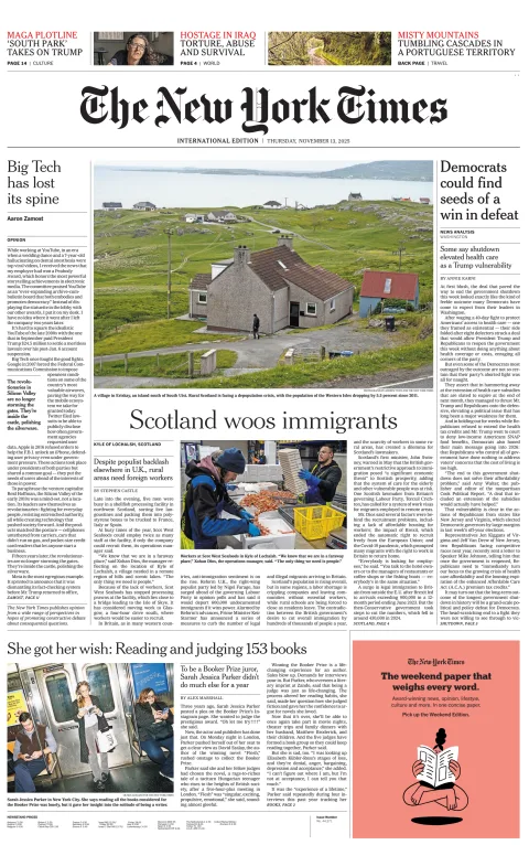 Portada de The New York Times (international) del jueves, 13 de noviembre de 2025