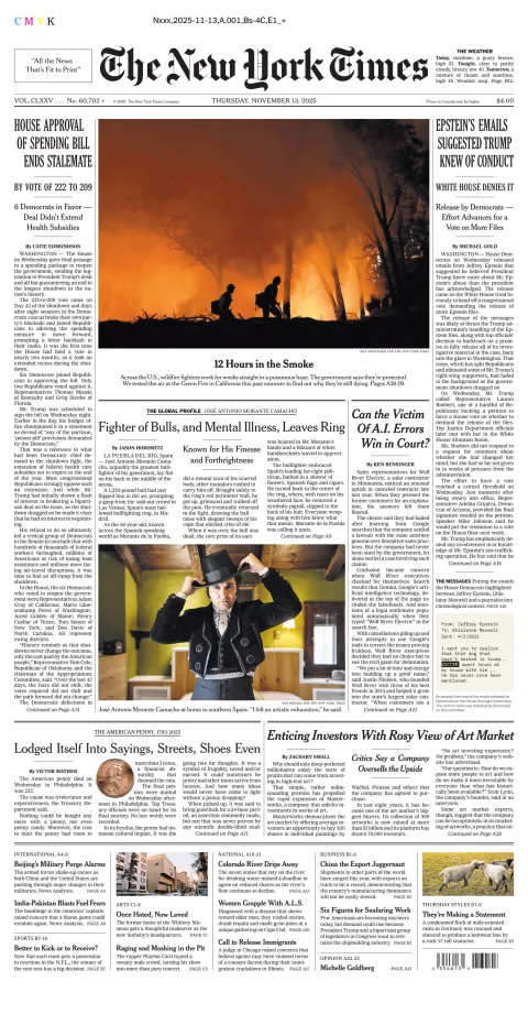 Portada de The New York Times (new York) del jueves, 13 de noviembre de 2025