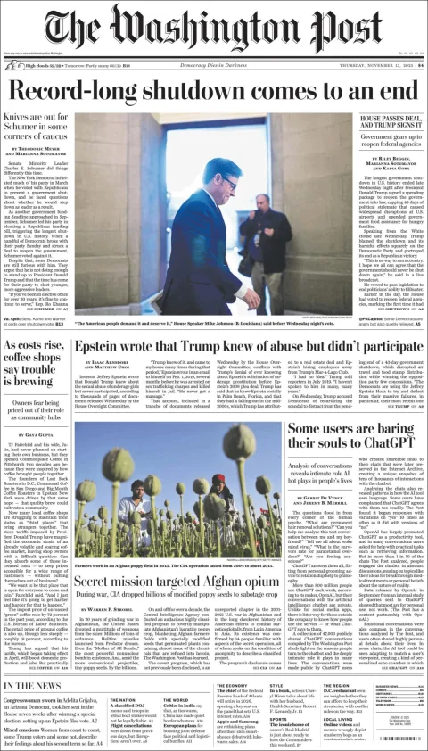 Portada de The Washington Post del jueves, 13 de noviembre de 2025