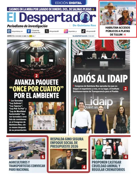 Portada de El Despertador de Quintana Roo del jueves, 13 de noviembre de 2025