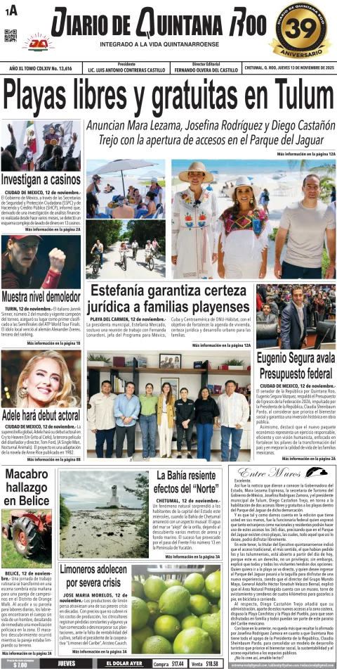Portada de Diario de Quintana Roo (portada) del jueves, 13 de noviembre de 2025