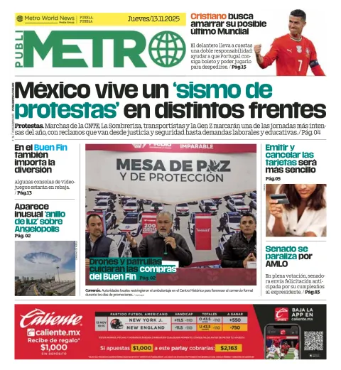 Portada de Publimetro Puebla del jueves, 13 de noviembre de 2025