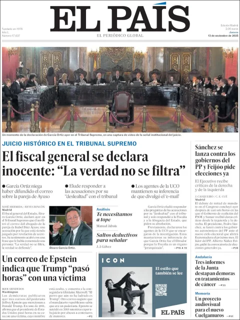 Portada de El Pais del jueves, 13 de noviembre de 2025