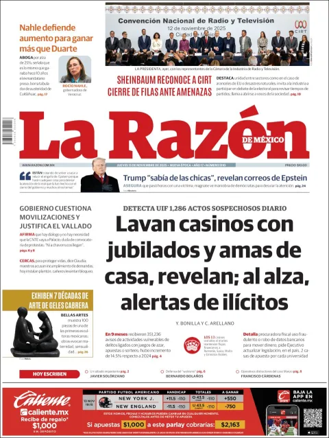Portada de La Razon del jueves, 13 de noviembre de 2025