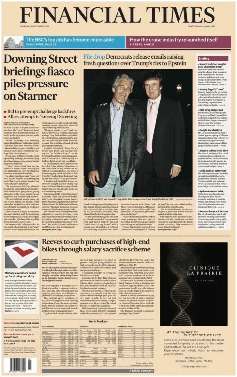 Portada de Financial Times del jueves, 13 de noviembre de 2025