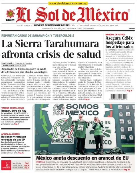 Portada de El Sol de Mexico del jueves, 13 de noviembre de 2025