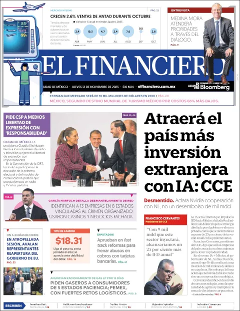 Portada de El Financiero del jueves, 13 de noviembre de 2025