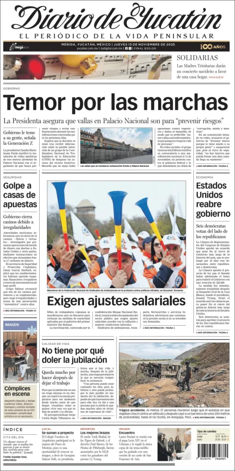 Portada de Diario de Yucatán del jueves, 13 de noviembre de 2025