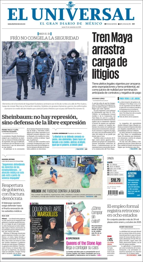 Portada de El Universal del jueves, 13 de noviembre de 2025