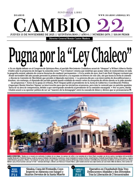 Portada de Diario Cambio 22 (contraportada) del jueves, 13 de noviembre de 2025