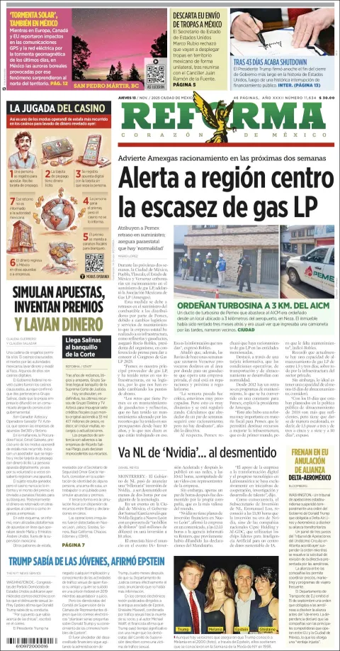 Portada de Reforma del jueves, 13 de noviembre de 2025