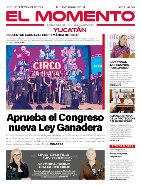 Portada de El Momento Yucatan del jueves, 13 de noviembre de 2025