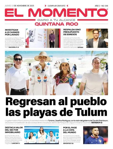 Portada de El Momento Quintana Roo del jueves, 13 de noviembre de 2025