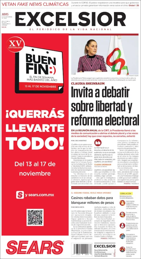 Portada de Excelsior del jueves, 13 de noviembre de 2025
