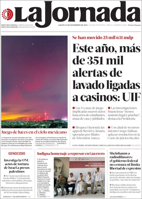 Portada de La Jornada del jueves, 13 de noviembre de 2025