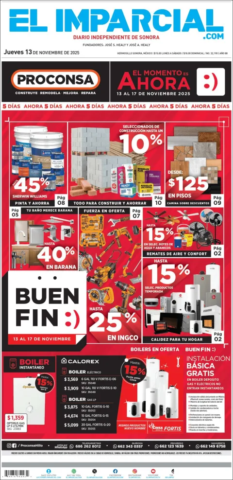 Portada de El Imparcial del jueves, 13 de noviembre de 2025