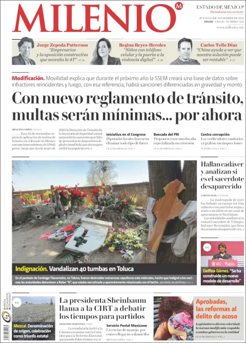 Portada de Milenio Edo de Mexico del jueves, 13 de noviembre de 2025