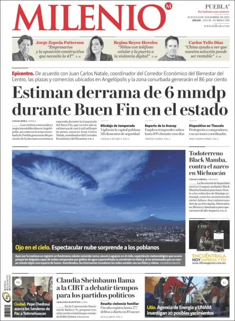 Portada de Milenio Puebla del jueves, 13 de noviembre de 2025