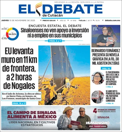 Portada de El Debate de Culiacan del jueves, 13 de noviembre de 2025