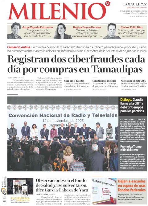 Portada de Milenio Tamaulipas del jueves, 13 de noviembre de 2025