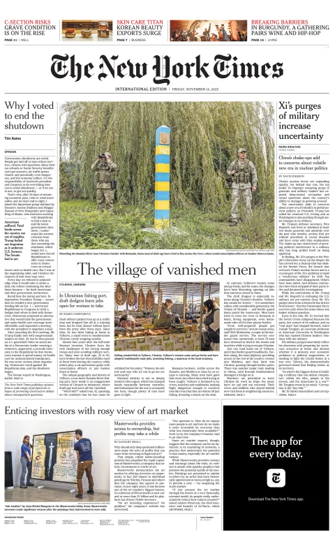 Portada de The New York Times (international) del viernes, 14 de noviembre de 2025