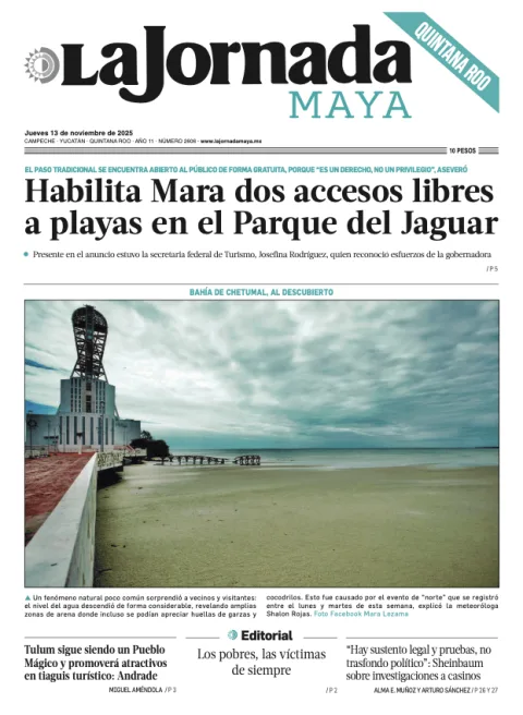 Portada de La Jornada Maya Quintana Roo del jueves, 13 de noviembre de 2025