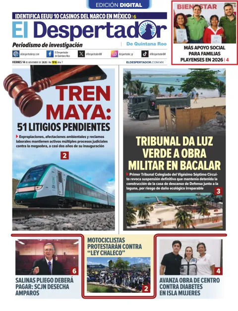 Portada de El Despertador de Quintana Roo del viernes, 14 de noviembre de 2025