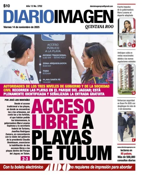 Portada de Diario Imagen Quintana Roo del viernes, 14 de noviembre de 2025