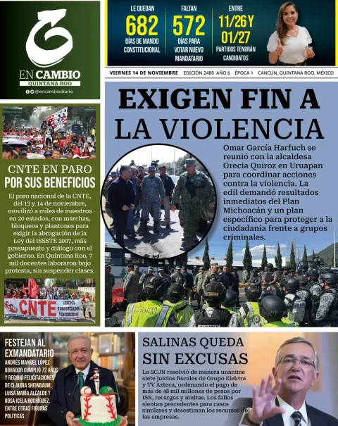 Portada de En Cambio - Quintana Roo (portada) del viernes, 14 de noviembre de 2025