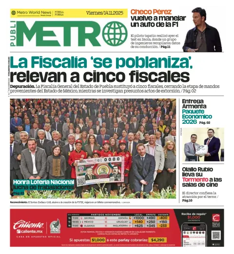 Portada de Publimetro Puebla del viernes, 14 de noviembre de 2025