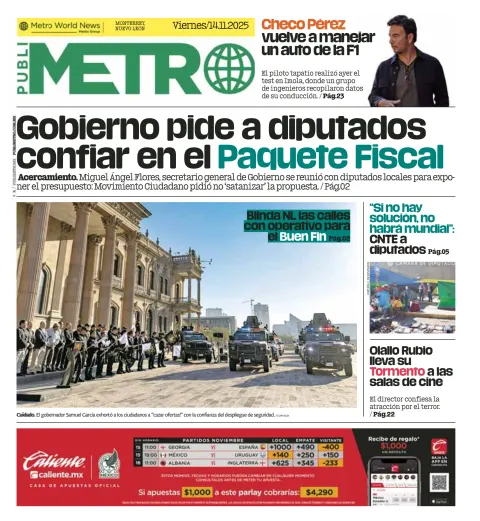Portada de Publimetro Monterrey del viernes, 14 de noviembre de 2025
