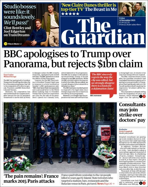 Portada de The Guardian (reino Unido) del viernes, 14 de noviembre de 2025