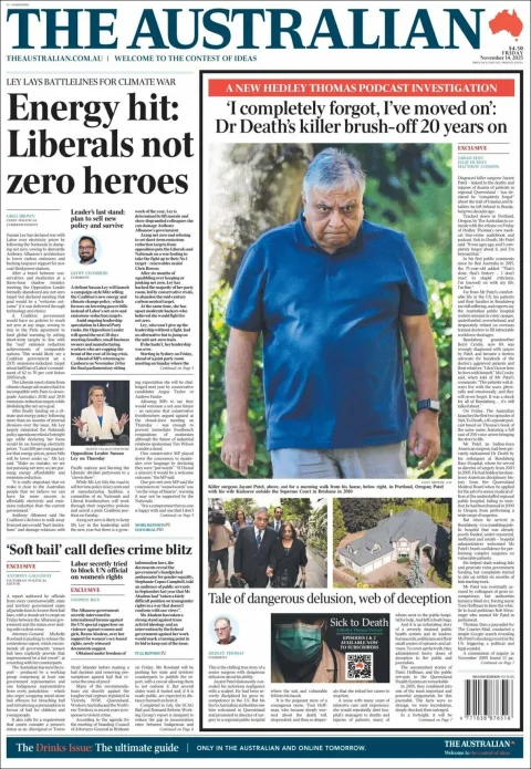 Portada de The Australian del viernes, 14 de noviembre de 2025