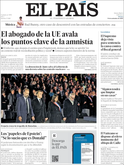 Portada de El Pais del viernes, 14 de noviembre de 2025