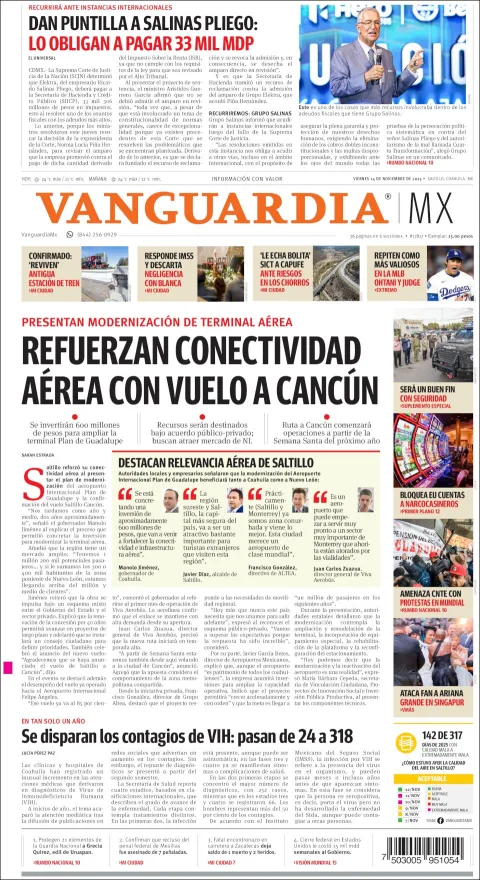 Portada de Vanguardia del viernes, 14 de noviembre de 2025