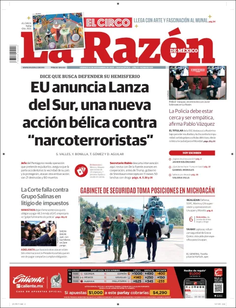 Portada de La Razon del viernes, 14 de noviembre de 2025