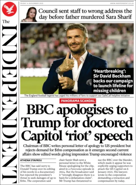 Portada de The Independent del viernes, 14 de noviembre de 2025