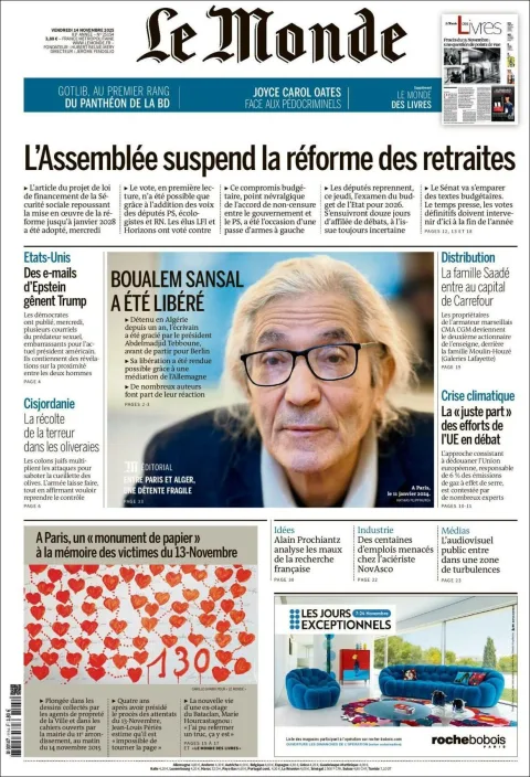 Portada de Le Monde del viernes, 14 de noviembre de 2025
