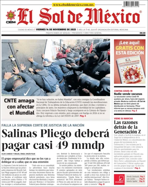 Portada de El Sol de Mexico del viernes, 14 de noviembre de 2025