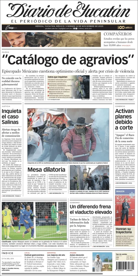 Portada de Diario de Yucatán del viernes, 14 de noviembre de 2025